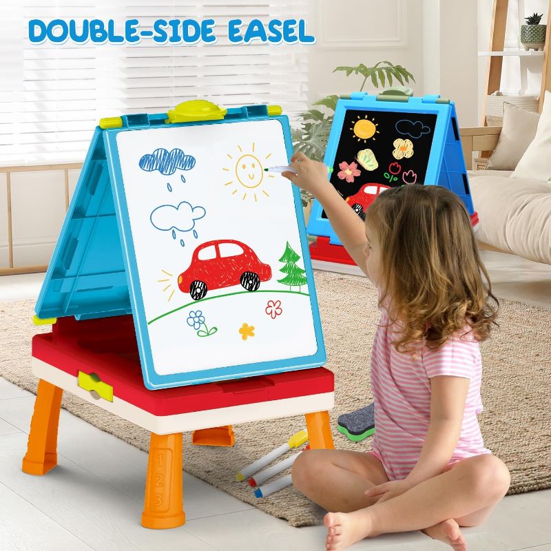 Photo 2 of Kids Art Easel Toys, Foldable Double Sided Tabletop Art Easel, Chalk Board and White Board with Painting Accessories, Birthday Gift for Toddlers, Boys and Girls
