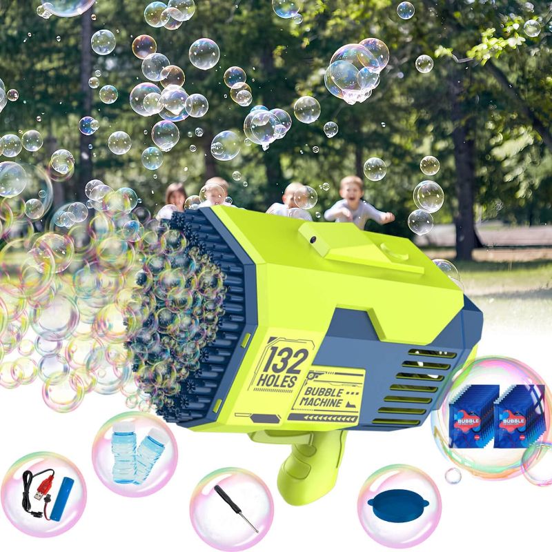 Photo 1 of SVNVIOZ Bubble Mahine Gun, 132-Hole Bubble Maker with Cool Light, TIK-Tok Bubble Blaster Bubble Bazooka Suit for Summer Outdoor Birthday Wedding Party Activity, Bubble Blower Toys for Kids Adults
