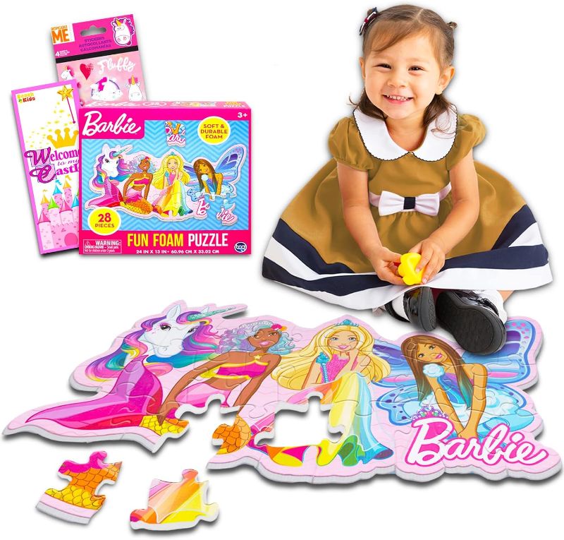 Photo 1 of Hasbro Shop Barbie Floor Puzzle for Kids, Girls - Bundle with 28 Pc Barbie and Friends Foam Puzzle Plus Unicorn Stickers and More (Barbie Toys and Games for Toddlers)
