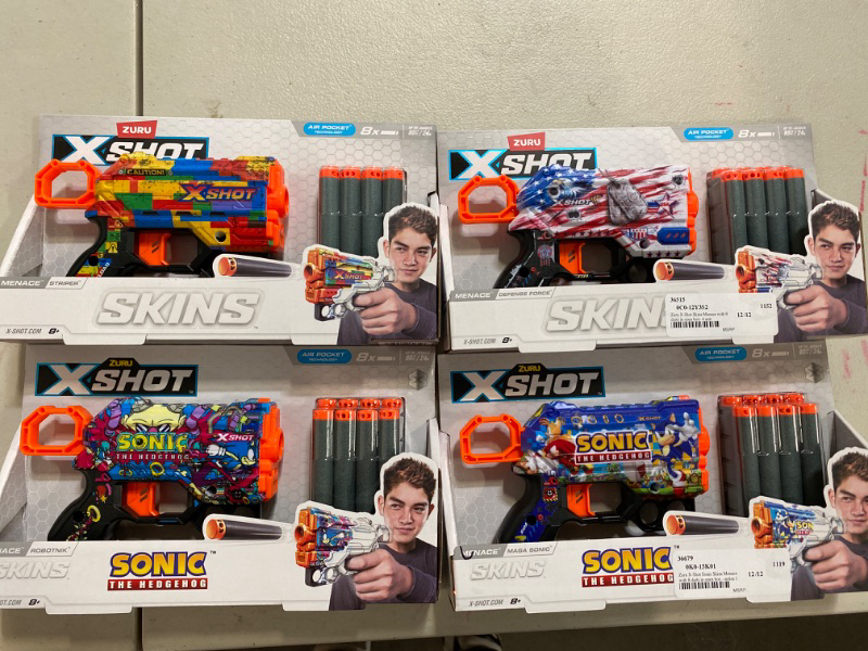 Photo 2 of XShot Skins Menace - Camo & Game Over (4 Pack + 24 Darts) by ZURU, Easy Reload, Air Pocket Dart Technology, Toy Foam Dart Blaster for Kids, Teens, Adults, Frustration Free Packaging

