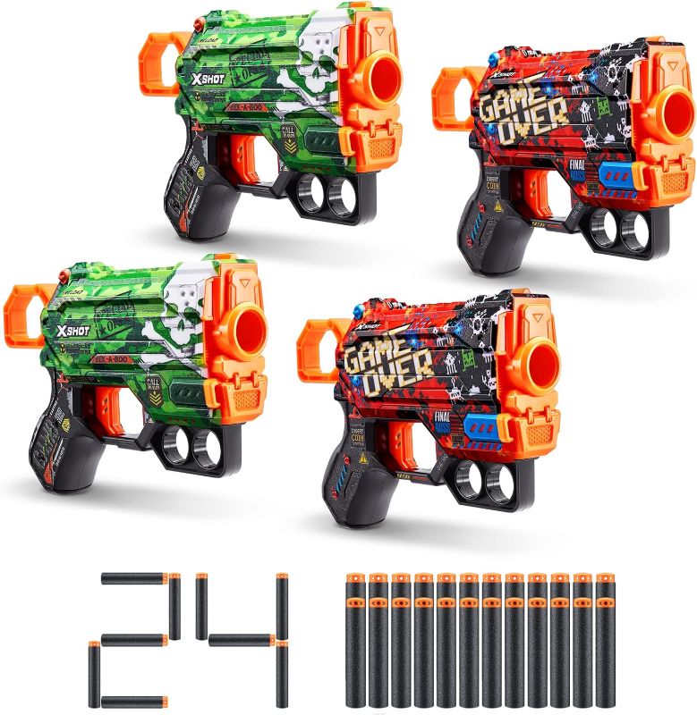 Photo 1 of XShot Skins Menace - Camo & Game Over (4 Pack + 24 Darts) by ZURU, Easy Reload, Air Pocket Dart Technology, Toy Foam Dart Blaster for Kids, Teens, Adults, Frustration Free Packaging
