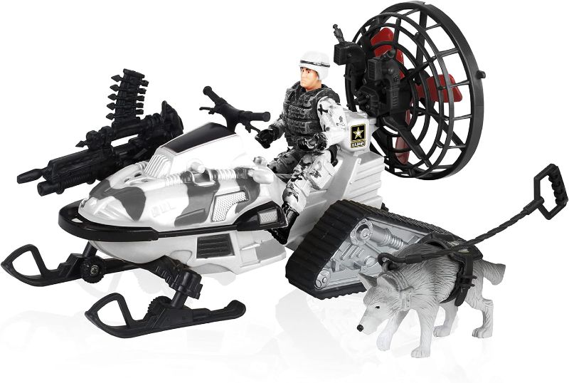Photo 1 of United States Army Action Figures & Kids Snowmobile Military Toys Set w/ Snow Mobile, Soldier, Weaponry & Play Vehicle Accessories, 3+
