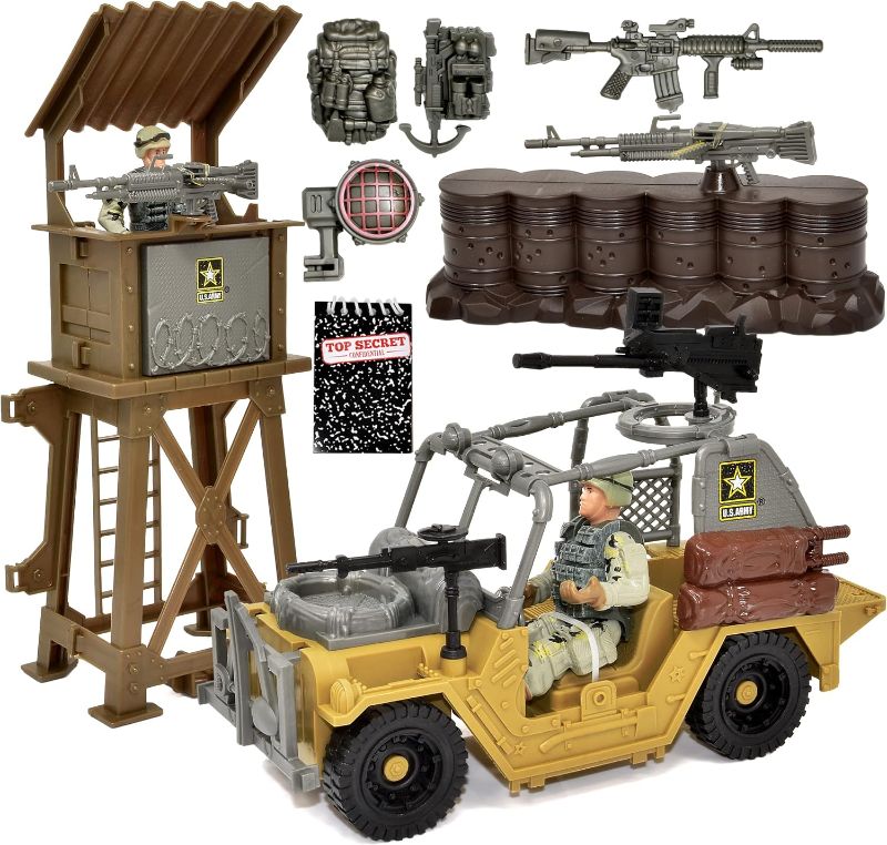 Photo 1 of Gift Boutique US Army Military Toy Play Set for Boys Watchtower Military Vehicle Action Soldier Figures and Weapon Accessories, Top Secret Notepad, 11 Piece Elite Force Army Set
