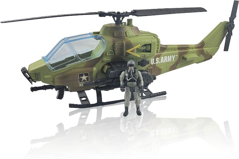Photo 1 of United States Army AH-64 Apache Helicopter Toy & Soldier Action Figure Set - Hand Driven Military Army Toy Helicopter w/ Sound, 3+
