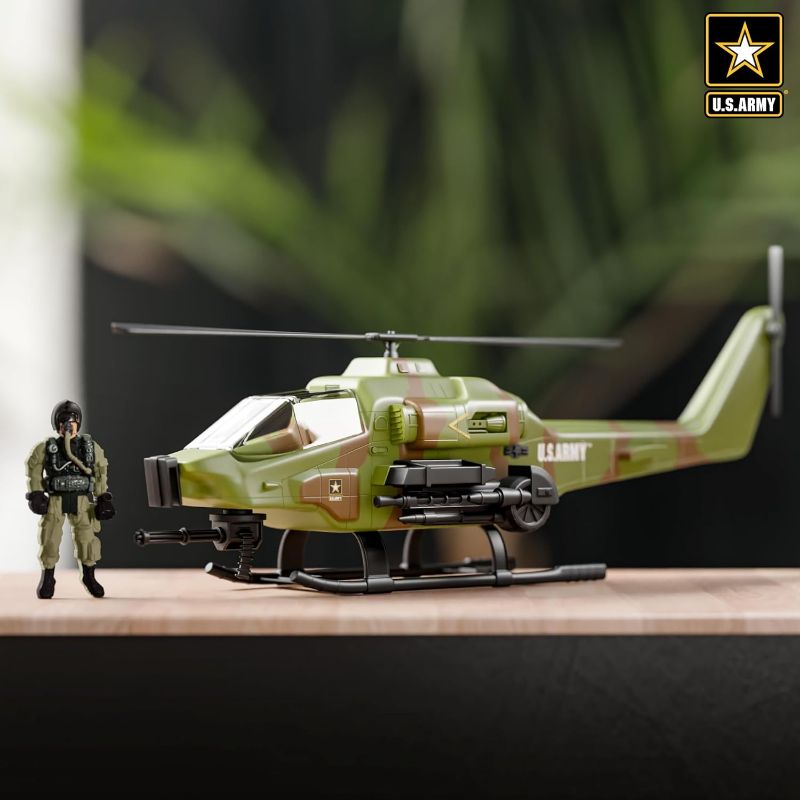 Photo 2 of United States Army AH-64 Apache Helicopter Toy & Soldier Action Figure Set - Hand Driven Military Army Toy Helicopter w/ Sound, 3+
