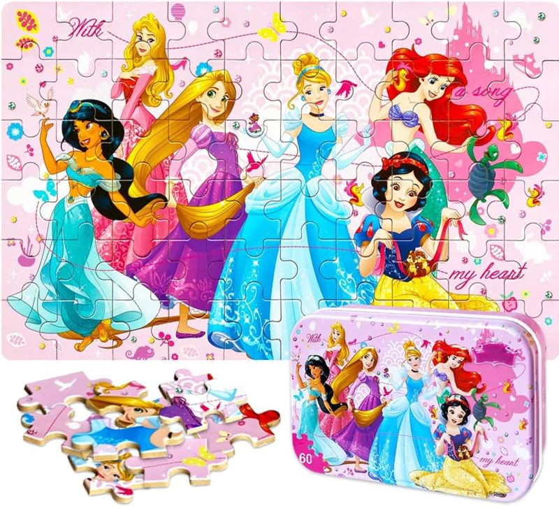 Photo 1 of NEILDEN Jigsaw Puzzles for Kids Ages 4-8,60 Pieces Packed in Tin Box,Learning Educational Puzzles for Children Girls and Boys,Puzzle Size:9.2"X5.9" (Princess1)
