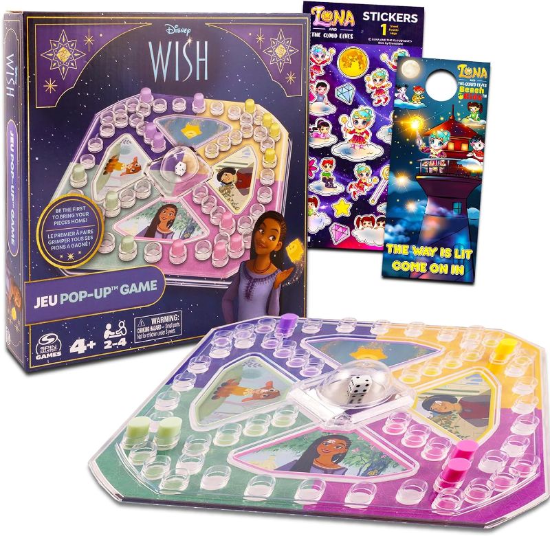 Photo 1 of Disney Wish Pop Up Game ~ 3 Pc Bundle with Disney Princess Board Game for Kids with Pop Up Dice Plus Bonus Stickers and Door Hanger (Wish Party Favors)
