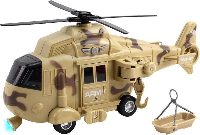 Photo 1 of Vokodo Military Helicopter 11" With Lights Sounds Push And Go Includes Rescue Basket Durable Toy Friction Power Kids Army Soldier Chopper Pretend Play Truck Great Gift For Children Boys Girls Toddlers

