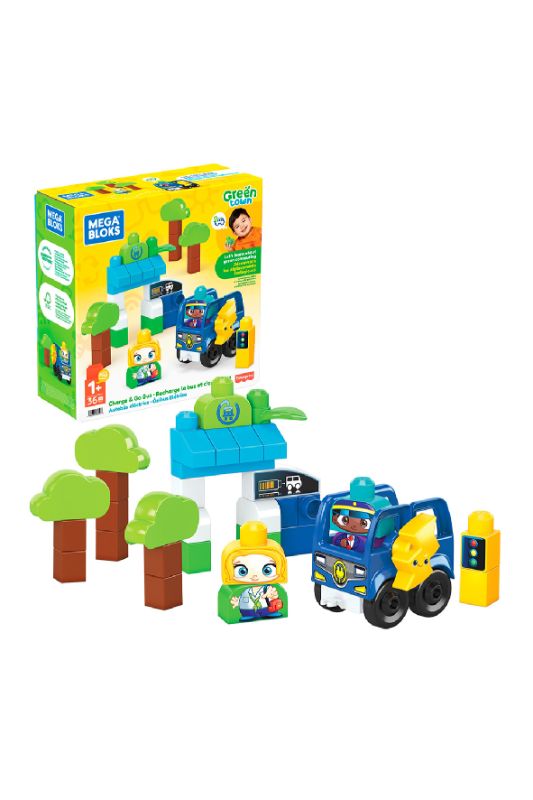 Photo 1 of MEGA BLOKS Fisher-Price Toddler Building Blocks Green Town Charge & Go Bus 36pcs
