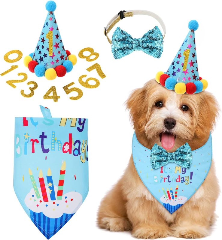 Photo 1 of Dog Birthday Party Supplies Birthday Boy Girl Cake Bandana Triangle Scarf Clothes Shirt Cute Dog Hat Dog Bow Tie Collar with 0-8 Numbers for Dog Puppy 1st Birthday Party Outfit(Cute Style)
