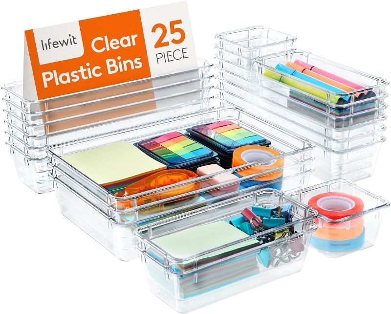 Photo 1 of Lifewit 25 PCS Drawer Organizer Set Clear Plastic Desk Drawer Dividers Trays Dresser Storage Bins Separation Box for Makeup, Jewelries and Gadgets, Bedroom, Bathroom, Office
