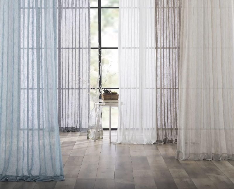 Photo 2 of Custom Blue Sheer Window Curtains, Linen Textured Semitransparent Panels
