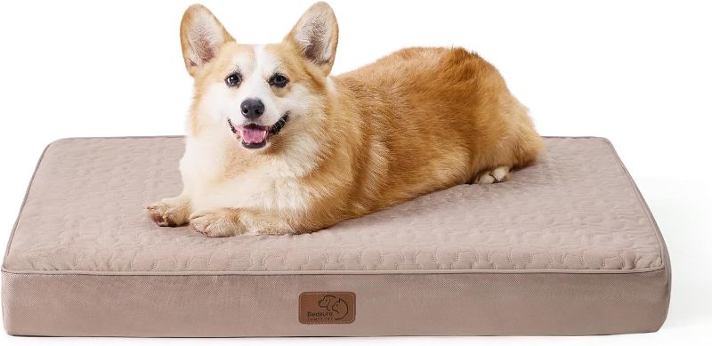 Photo 1 of Bedsure Orthopedic Dog Bed for Medium Dogs - Memory Foam Dog Beds, 2-Layer Thick Pet Bed with Removable Washable Cover and Waterproof Lining (30x20x3 Inches), Beige

