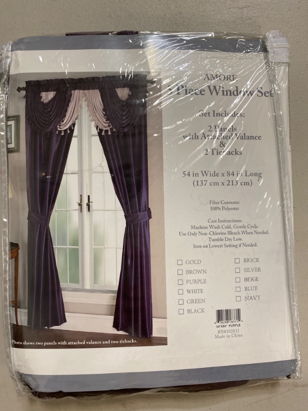 Photo 2 of Regal Home Collections Amore Curtains 5-Piece Window Curtain Set - 54-Inch W x 84-Inch L Panels with Attached Valance and 2 Tiebacks - Bedroom Curtains and Living Room Curtains (Purple)
