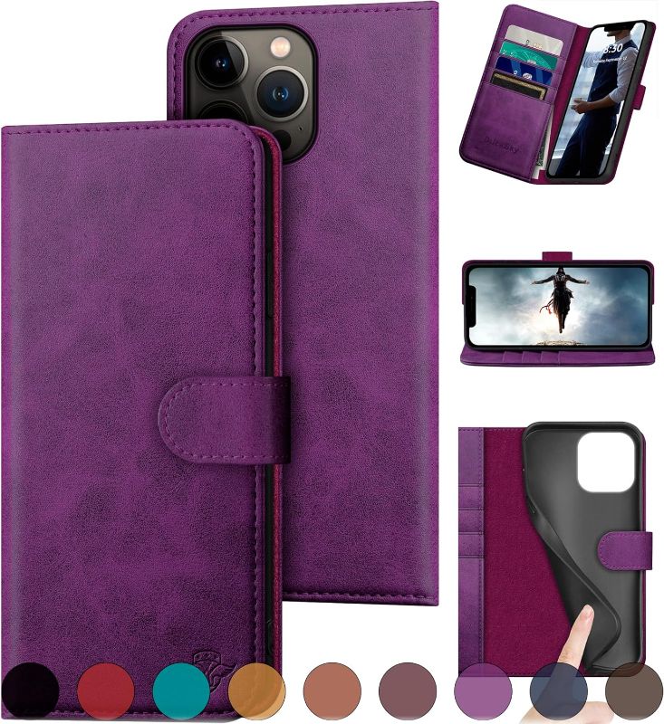 Photo 1 of for iPhone 15 Pro Max 6.7" Genuine Leather Wallet case ?RFID Blocking??4 Credit Card Holder??Real Leather? Flip Folio Book Phone case Protective Cover Women Men for Apple 15 ProMax case Purple
