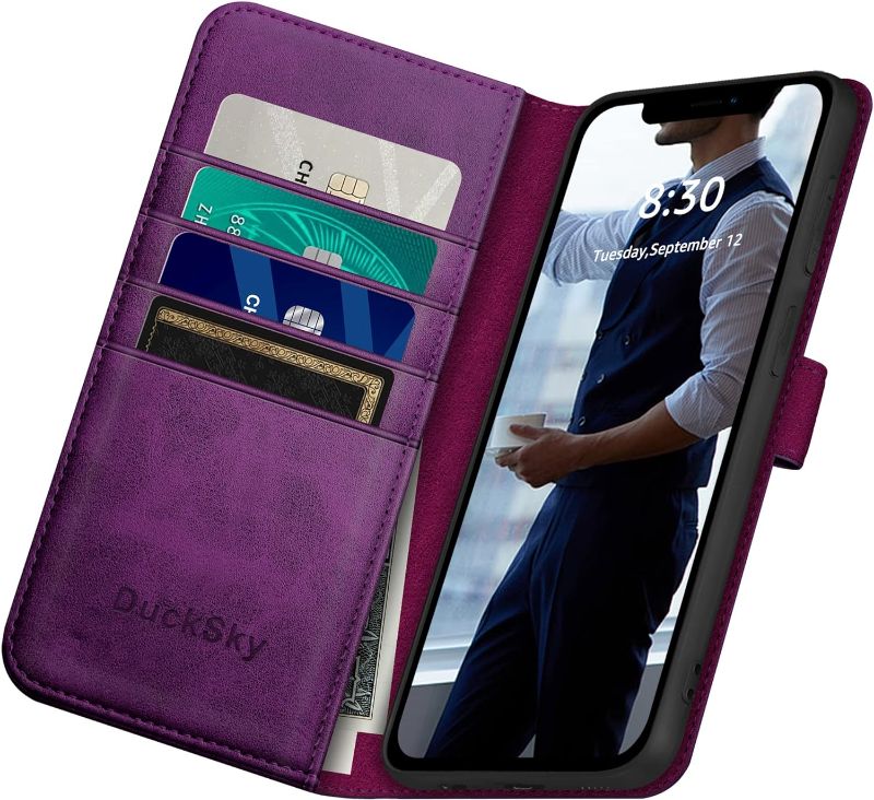 Photo 2 of for iPhone 15 Pro Max 6.7" Genuine Leather Wallet case ?RFID Blocking??4 Credit Card Holder??Real Leather? Flip Folio Book Phone case Protective Cover Women Men for Apple 15 ProMax case Purple

