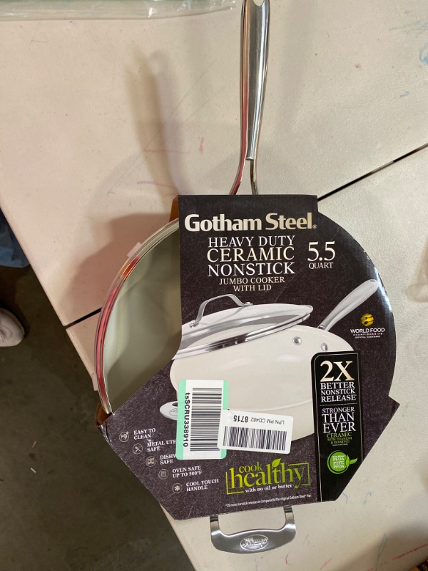 Photo 2 of Gotham Steel Nonstick 5.5 Quart Sauté Pan with Lid, Ceramic Jumbo Cooker Fry Pan with Glass Lid, Stay Cool Handle + Helper Handle, Oven, Stovetop & Dishwasher Safe, 100% PFOA Free, WHITE!!
