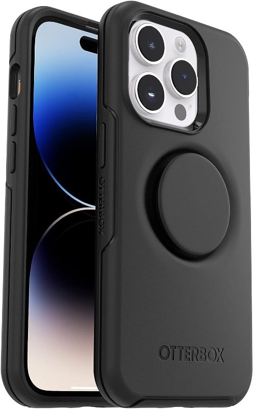 Photo 1 of OtterBox iPhone 14 Pro Max (ONLY) Otter + Pop Symmetry Series Case - BLACK, integrated PopSockets PopGrip, slim, pocket-friendly, raised edges protect camera & screen
