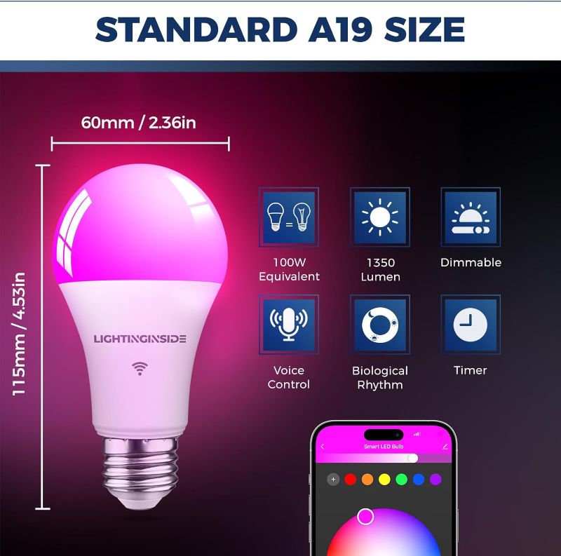 Photo 2 of Smart Bulb 100W Equivalent, 1350LM 11W WiFi Smart Light Bulbs Work with Alexa/Google Assistant/Smart Life, A19 E26 Color Changing Bulb No Hub Required, 2.4GHz WiFi Only, ETL Listed,4PCS
