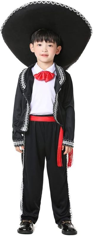 Photo 1 of Boy Mexican Costume Kids Traditional Mariachi Amigo Dance Cosplay Costumes Halloween Outfit Bowtie Belt Suit Outfit
