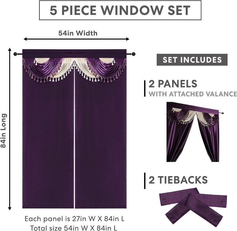 Photo 2 of Regal Home Collections Amore Curtains 5-Piece Window Curtain Set - 54-Inch W x 84-Inch L Panels with Attached Valance and 2 Tiebacks - Bedroom Curtains and Living Room Curtains (Purple)
