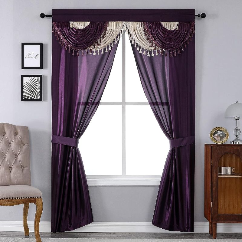 Photo 1 of Regal Home Collections Amore Curtains 5-Piece Window Curtain Set - 54-Inch W x 84-Inch L Panels with Attached Valance and 2 Tiebacks - Bedroom Curtains and Living Room Curtains (Purple)
