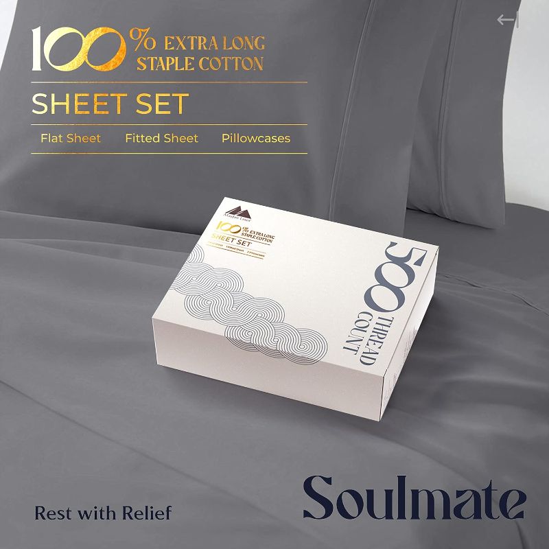 Photo 2 of 500 Thread Count Cotton Sheet Dark Grey Queen Sheets Set, 4-Piece Long-Staple Combed Pure Cotton Best Sheets for Bed, Breathable, Soft Silky Sateen Weave Fits Mattress Upto 16 in Deep Pocket

