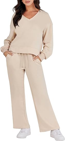 Photo 1 of Caracilia Women's Two Piece Outfits Matching Sets Long Sleeve Pullover Tops and Wide Leg Pants Tracksuit Lounge Sets
