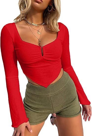 Photo 1 of (S) Avanova Women's Long Sleeve Knit Ribbed Crop Top Ruched Front Square Neck Asymmetrical Hem Tees Shirt
