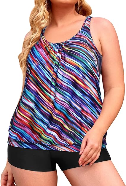 Photo 1 of Yonique Plus Size Tankini Swimsuits for Women Blouson Tankini Tops with Swim Shorts Two Piece Bathing Suits
