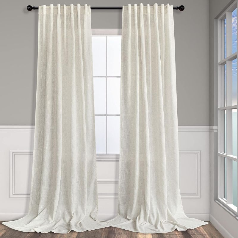 Photo 1 of Cream White Linen Curtains for Living Room Guest 84 in Long 2 Panel Semi Sheer Window Treatment Pole Pocket Back Tab Ivory Pinch Pleated Look Curtain 
