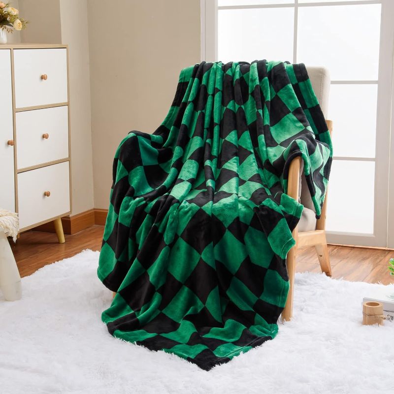 Photo 1 of Vessia Throw Blanket Checkerboard Black and Green(50x70inch), Green Chessboard Flannel Blanket for Couch,Bed,Sofa, 300GSM Soft Cozy Comfy Warm Checkered Blanket for All Season
