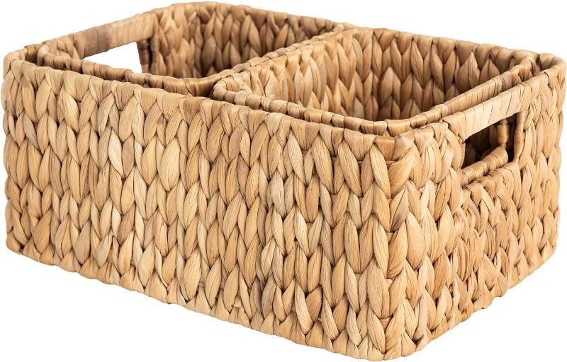 Photo 1 of StorageWorks Wicker Storage Baskets for Shelves, Water Hyacinth Storage Baskets for Organizing, Wicker Basket for Bathroom Set of 3 (1PC Large, 2PCS Medium)
