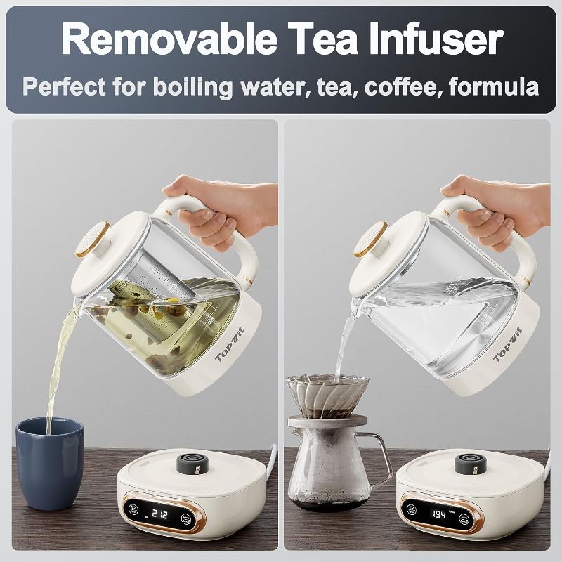 Photo 3 of Topwit Electric Tea Kettle, 11 Temperature Control & 4 Presets Glass Kettle with Removable Infuser, 0.8L Electric Kettle for Coffee, Formula, Tea Maker with 8H Keep Warm, Boil-dry Protect, Beige
