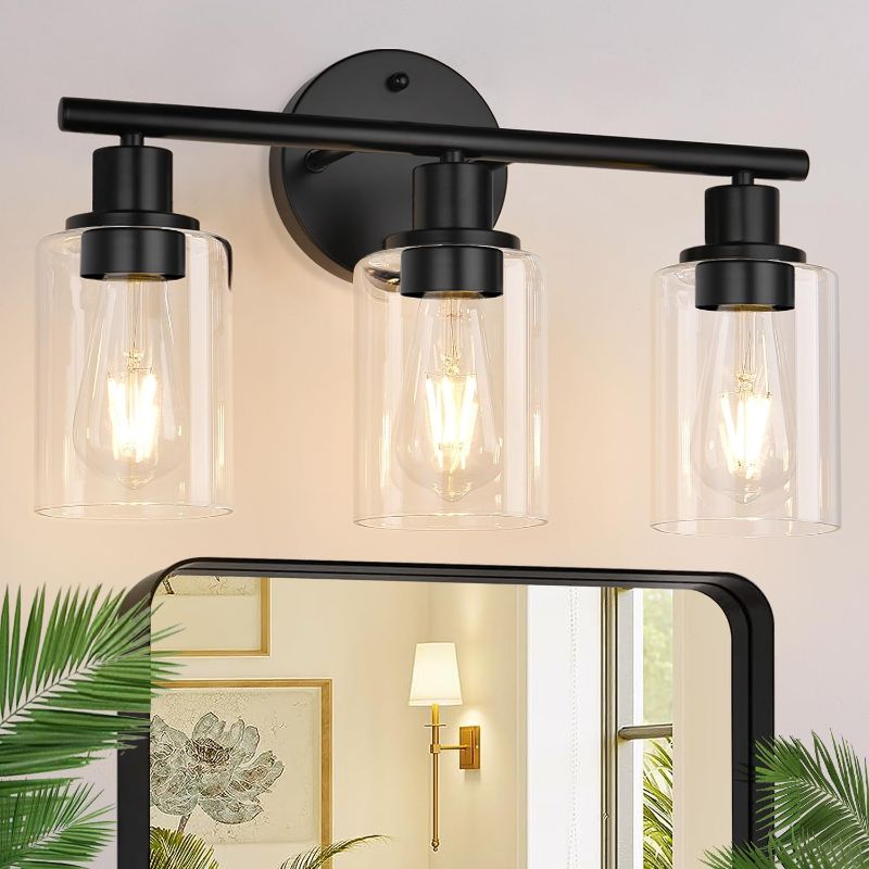 Photo 1 of 3-Light Bathroom Light Fixtures, Black Modern Vanity Lights with Clear Glass Shade, Bathroom Wall Lamp for Mirror Kitchen Living Room Hallway Cabinet Porch
