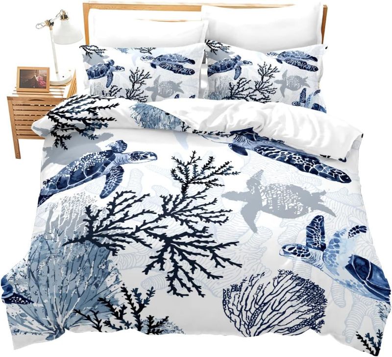 Photo 1 of Turtle Bedding Set Queen Nautical Coastal Bedding,White Blue Sea Turtle Comforter Cover for Kids Boys Girls,Reptile Tortoise Duvet Cover Ocean Beach Theme Quilt Cover Kawaii Sea Animal Bedspread Cover
