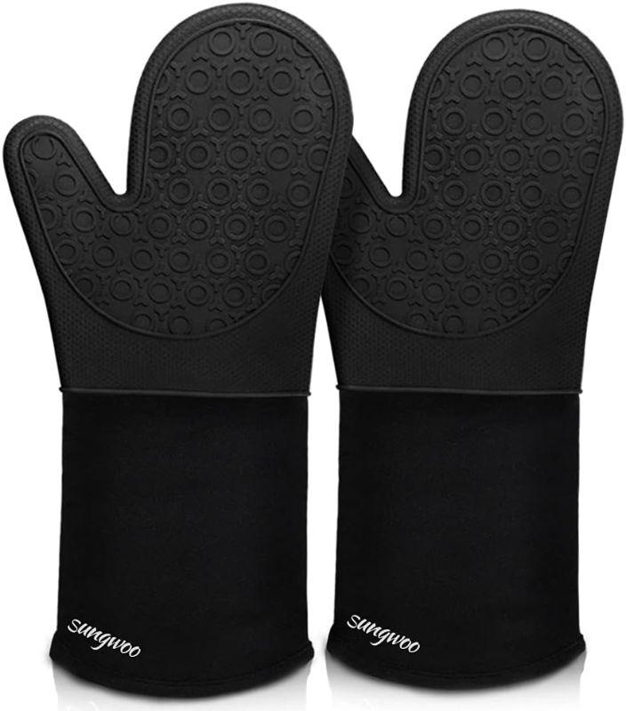 Photo 1 of sungwoo Extra Long Silicone Oven Mitts, Durable Heat Resistant Oven Gloves with Quilted Liner Non-Slip Textured Grip Perfect for BBQ, Baking, Cooking and Grilling - 1 Pair 14.6 Inch Black
