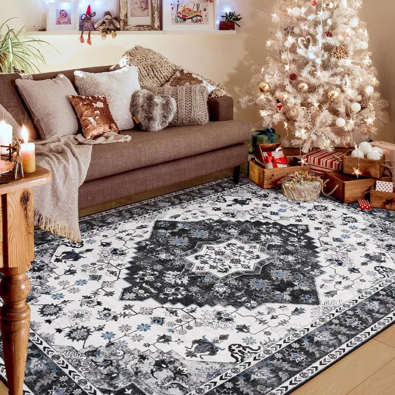 Photo 1 of Amearea Vintage Design Area Rugs for Living Room, 5x8 Machine Washable Floral Collection Traditional Bedroom Rug, Low Pile Cute Kids Room Print Carpet, No Slip Office Kitchen Home Decor, Black
