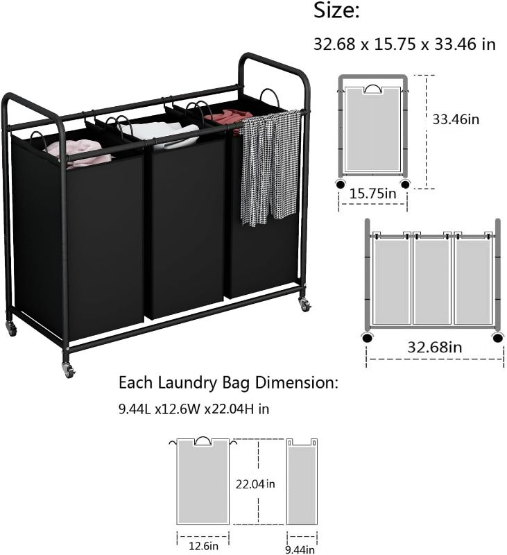 Photo 2 of LINZINAR 3-Bag Laundry Basket Hamper Laundry Sorter Cart laundry room organization with Heavy Duty Rolling Lockable Wheels and Removable Bags (Black)
