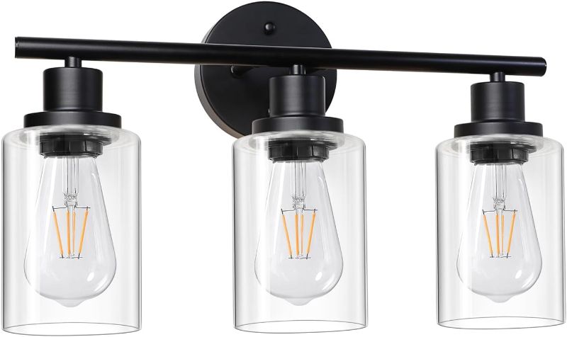 Photo 1 of Unicozin Modern Bathroom Light Fixtures, 3 Light Vanity Lights, Black Wall Lamp with Clear Glass for Bathroom, Mirror, Living Room, Bedroom, Hallway, E26 Base

