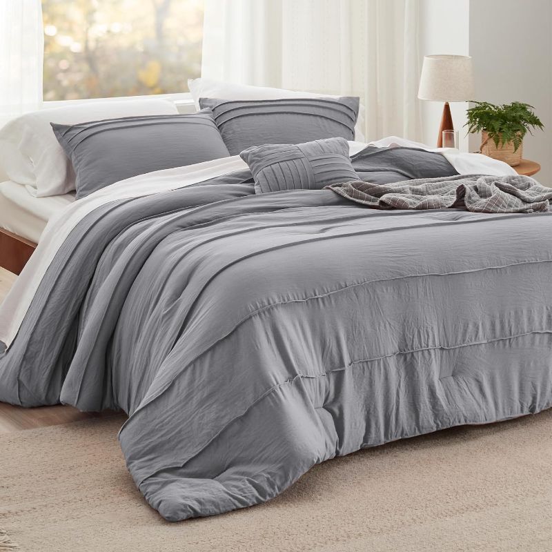 Photo 1 of Bedsure Grey Queen Comforter Set - 4 Pieces Pinch Pleat Bed Set, Down Alternative Bedding Sets for All Season, 1 Comforter, 2 Pillowcases, 1 Decorative Pillow

