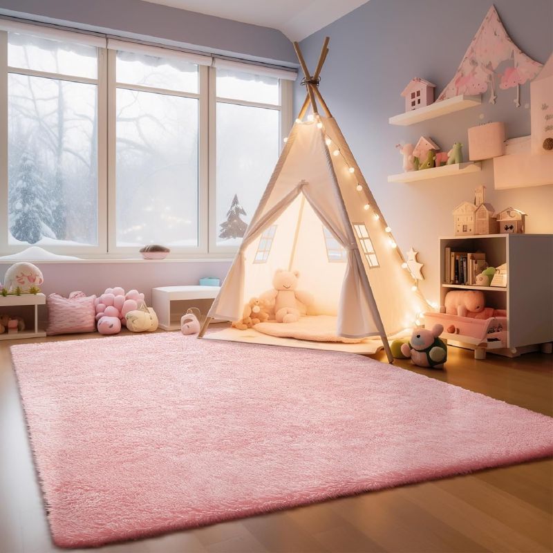 Photo 3 of Ophanie Light Pink Area Rugs for Bedroom Girls, 4x6 Fluffy Fuzzy Furry Shag Carpet, Plush Soft Cute Kids Baby Shaggy Bedside Indoor Floor Rug for Teen Dorm Home Decor Aesthetic, Nursery
