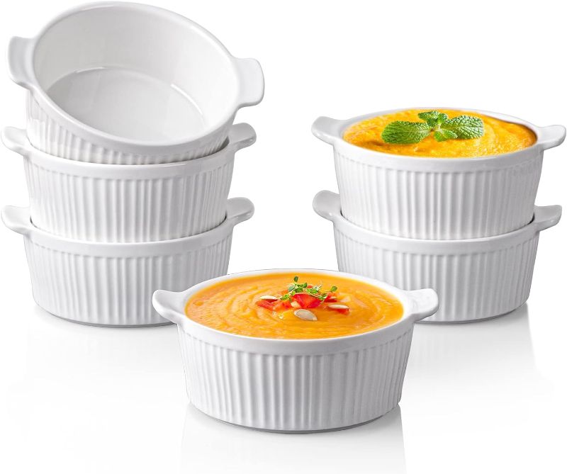 Photo 1 of Delling Ramekins with Handle, 6 PACK Soup Bowls for French Onion Soup, Pot Pie, Lava Cakes, Creme Brulee, 12 Oz Porcelain Souffle Dish for Baking, White
