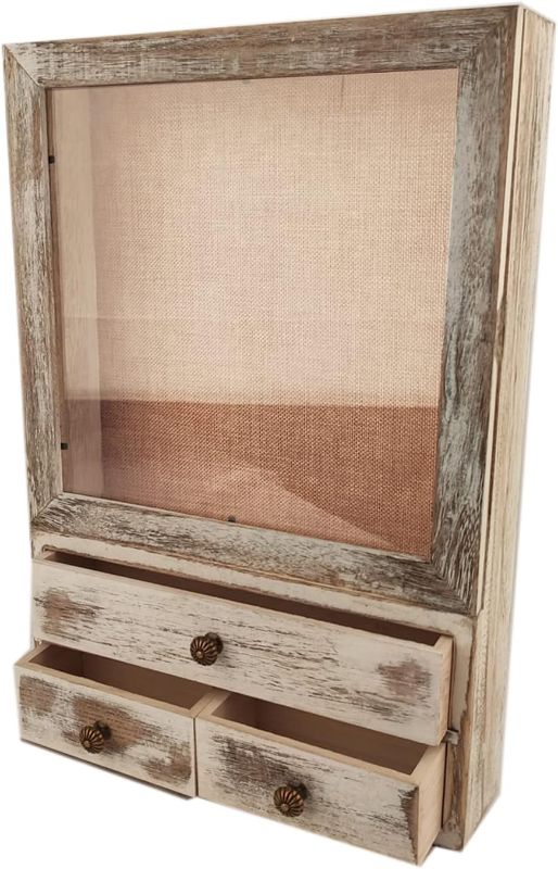 Photo 1 of Shadow Box Frame11x16inch,3 Portability Drawer Wood Shadow Box Display Case Line Back, for Display Pictures, Medals, Bouquet on The Wall or Tabletop (White)
