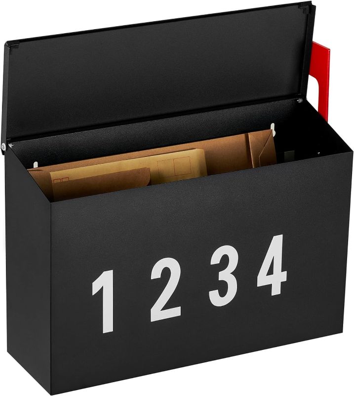 Photo 1 of Wall-Mount Mailbox with One Flag Kit and Three Sets of 0-9 Mailbox Number Stickers, Galvanized Steel Rust-Proof Metal Post Box,Mailboxes for Outside,15.2"x10.4"x5.2" Black
