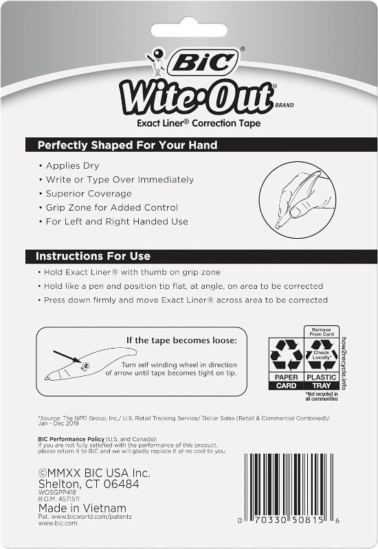 Photo 2 of BIC Wite-Out Brand Exact Liner Correction Tape, 19.8 Feet, 4-Count Pack of white Correction Tape, Fast, Clean and Easy to Use Tear-Resistant Tape Office or School Supplies
