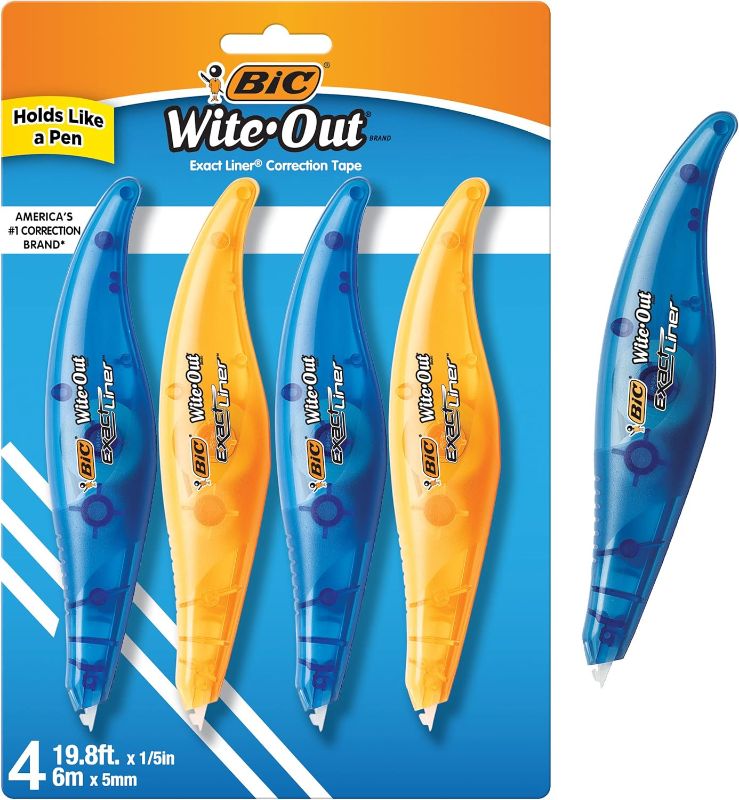 Photo 1 of BIC Wite-Out Brand Exact Liner Correction Tape, 19.8 Feet, 4-Count Pack of white Correction Tape, Fast, Clean and Easy to Use Tear-Resistant Tape Office or School Supplies
