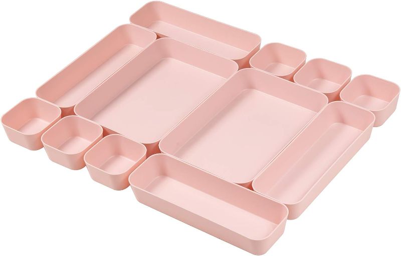Photo 1 of Backerysupply Set Of 12 Pink Color Plastic Desk Drawer Organizers For Makeup Bathroom Office Kitchen Vanity Drawer Storage Box Container
