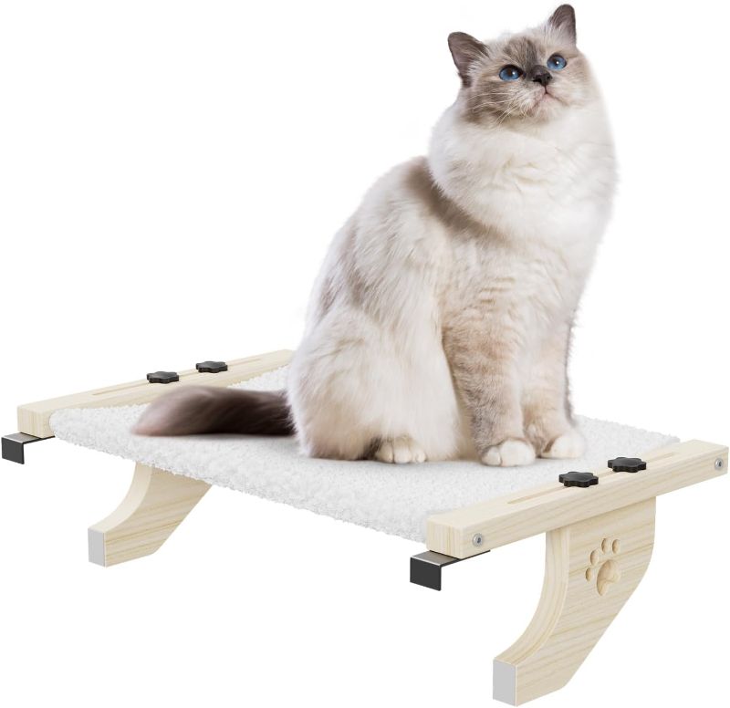 Photo 1 of Cat Window Perch, Cat Window Hammock with Wood & Metal Frame for Large Cats, Adjustable Cat Perch for Windowsill, Bedside, Drawer and Cabinet(21.7''-White Plush) (Medium - 21.7'')
