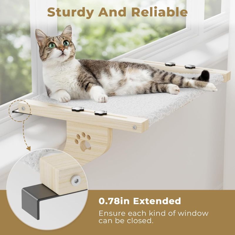 Photo 2 of Cat Window Perch, Cat Window Hammock with Wood & Metal Frame for Large Cats, Adjustable Cat Perch for Windowsill, Bedside, Drawer and Cabinet(21.7''-White Plush) (Medium - 21.7'')
